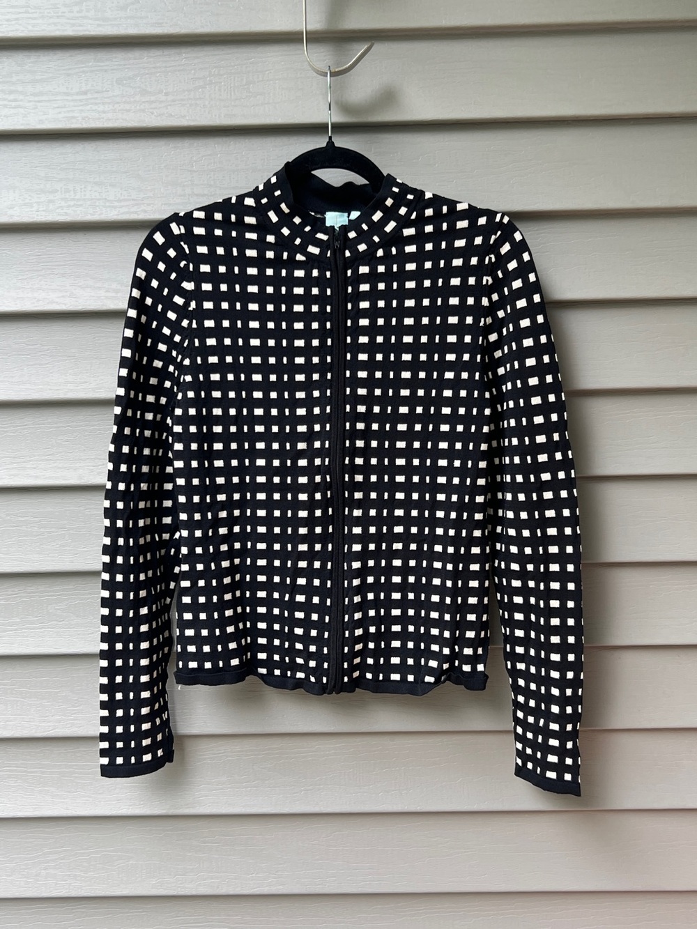 Shu Shu Cardigan Size L Black White Squares Textured Knit Zip Front